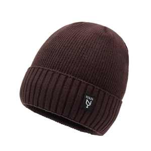 Thick ribbed knit dark brown beanie with folded brim and logo patch for winter warmth