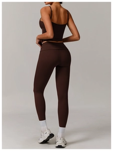Back view of dark brown high-waisted yoga leggings and slim strap sports tank top set