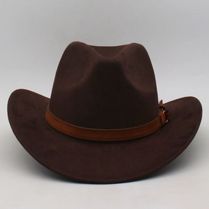 Close-up of a dark brown suede cowboy hat with a leather band and metal buckle detail