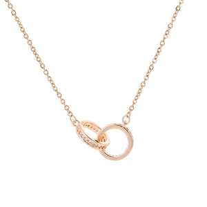 Minimalist double interlocking ring necklace in rose gold with shimmering zircon accents