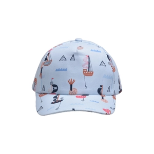 Front view of light blue kids' baseball cap with colorful nautical sailboat prints
