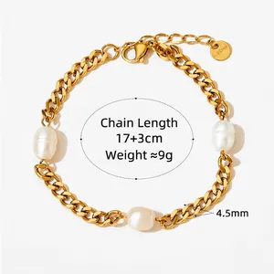 Vintage golden stainless steel Cuban chain bracelet with three pearls and lobster clasp