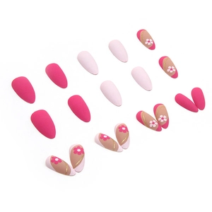Pink and rose red teardrop press-on nails set with delicate gold curve floral patterns