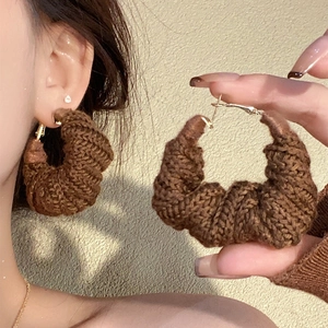 Knitted Hoop Earrings With Silver Earring Post Twisted Crochet Round Retro Winter Style For Women