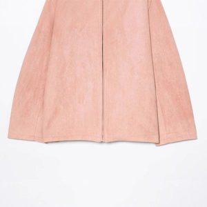 Chic pink faux suede jacket with stand collar and zipper closure for casual fashion