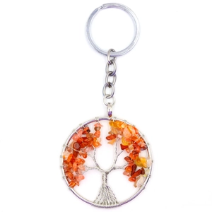 Handmade silver wire tree of life keychain with natural red agate crystal stones
