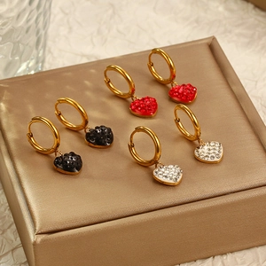 Heart Pendant Hoop Earrings Stainless Steel With Rhinestone Crystal 18K Gold Plated Fashion Jewelry For Women
