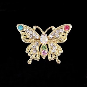 Macro shot of colorful crystal butterfly brooch with golden alloy plating on black background