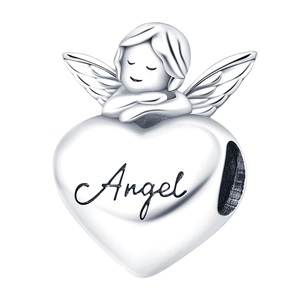 Charm a cuore con angelo in argento con incisione Angel per bracciali e collane