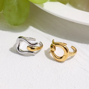 Minimalist adjustable 18K gold and silver plated two-tone wave ring with high polish finish