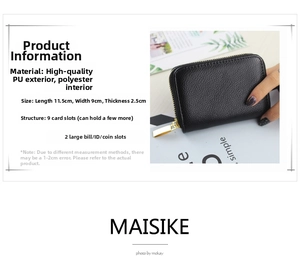 Close-up of black PU leather card wallet with 9 slots and detailed size specifications