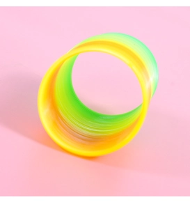 Detail of colorful plastic spring toy showing high-flexibility rainbow coil structure