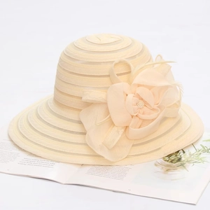 Women's elegant wide brim sun hat in champagne with decorative 3D gauze floral accent
