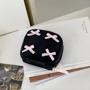 Black fabric cosmetic bag with pink 3D bows, large capacity travel storage pouch