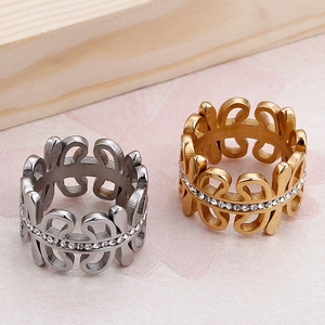 Fashion titanium steel ring with hollow design and inlaid cubic zirconia for women
