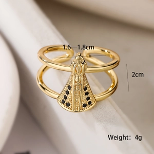 Gold plated Virgin Mary ring with black cubic zirconia and adjustable open double band
