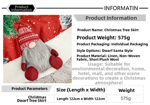 Detail showing 122cm burlap Christmas tree skirt with gnome design and texture