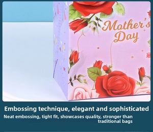 Detail of embossed texture and floral print on Mother's Day non-woven gift bag