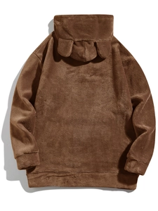 Detail view of brown fleece hoodie featuring plush bear ears on the hood back side