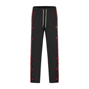 Men's casual pants detail featuring red plaid stitching, side snap buttons and drawstring