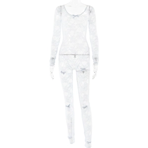 Detailed view of light blue lace sheer jumpsuit featuring delicate bow accents and long sleeves
