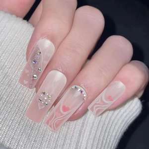 Pink White Gradient Long Coffin Press On Nails Heart Pattern Rhinestones Artificial Pearls Glitter French Style Fake Nails For Women Girls