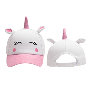 Detail view of unicorn baseball cap showing embroidered face and adjustable strap