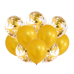 Close-up of 12-inch gold latex and transparent confetti balloons for party decor