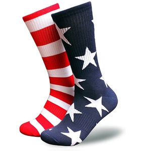 Classic American flag crew socks with stars and stripes design on a white background