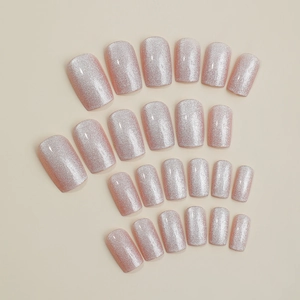 Pink glitter cat-eye press-on nails set with 24 pieces in various sizes for women
