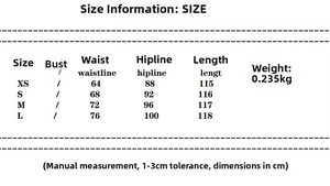 Size chart showing XS to L dimensions for the satin scarf dress with waist and length details