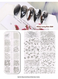 Detailed macro shot of 12-grid organizer box with silver nail art alloy studs and charms