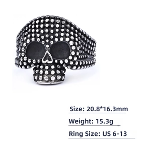 Anello teschio punk gotico con dimensioni e peso, misura 20,8mm in acciaio inossidabile nero