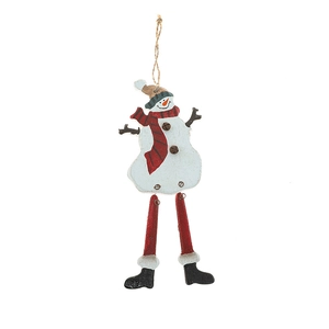 Hanging wooden snowman ornament with long red legs and striped scarf for Christmas tree