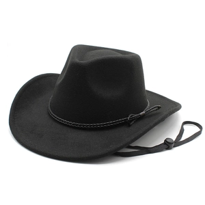 Detail view of black wool fedora hat featuring woven rope band and adjustable chin strap