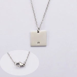 Minimalist square stainless steel pendant necklace with small crystal and lobster clasp