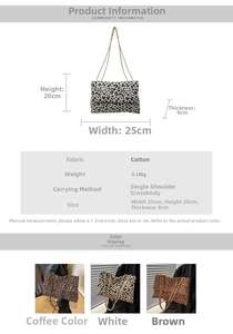 Size chart and specifications for the leopard print canvas crossbody bag with chain