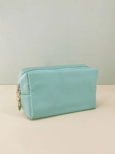 Waterproof lake green PU leather makeup bag with gold zipper and cross pattern finish