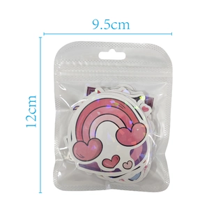 Detailed dimension view of holographic heart stickers set in 12x9.5cm packaging
