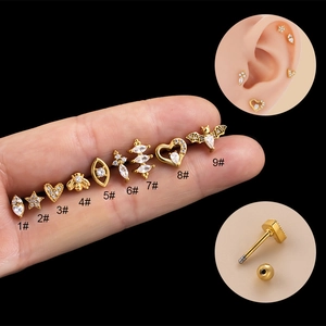 Stainless Steel Zircon Cartilage Piercing Stud Earring With Screw Back Micro Pave Heart Star Bee For Women Fashion
