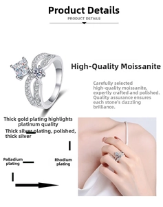 Detail view of silver princess crown ring with moissanite and layered plating features