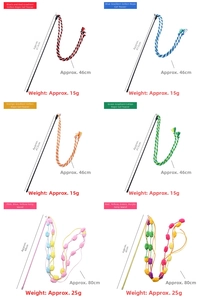 Detail view of colorful cat wand toys set with cotton rope, pompons and dimensions