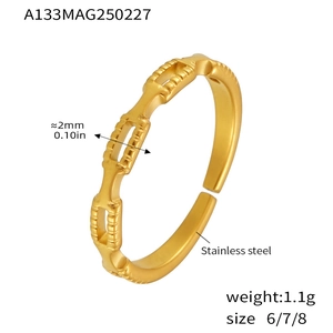 Detailed specs of the gold stainless steel stackable ring showing 1.1g weight and sizes