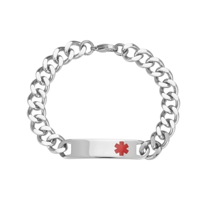 Silver stainless steel Cuban chain bracelet with a red medical emergency sign plate