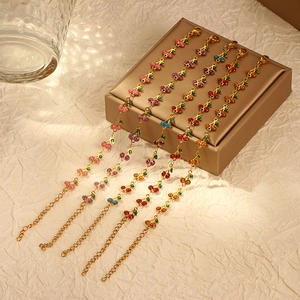 Stainless Steel Bracelet Women Bohemian Enamel Cherry Pendant Adjustable Lobster Clasp 14K Gold Plated Retro Jewelry
