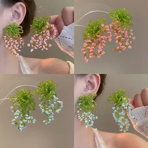 Handmade Flower Seed Bead Tassel Dangle Earrings With Silver Earring Post Chic Floral Drop Jewelry For Women