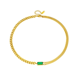 Gold plated titanium chain necklace featuring rectangular green zircon and mixed link styles