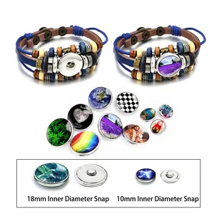 Braided blue leather snap bracelet with interchangeable 18mm crystal glass charm