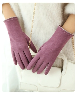 Detailed view of purple thermal winter gloves for women with touch screen compatibility