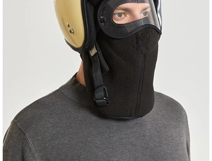 Detail of black fleece balaclava mask showing breathable holes and neck protection